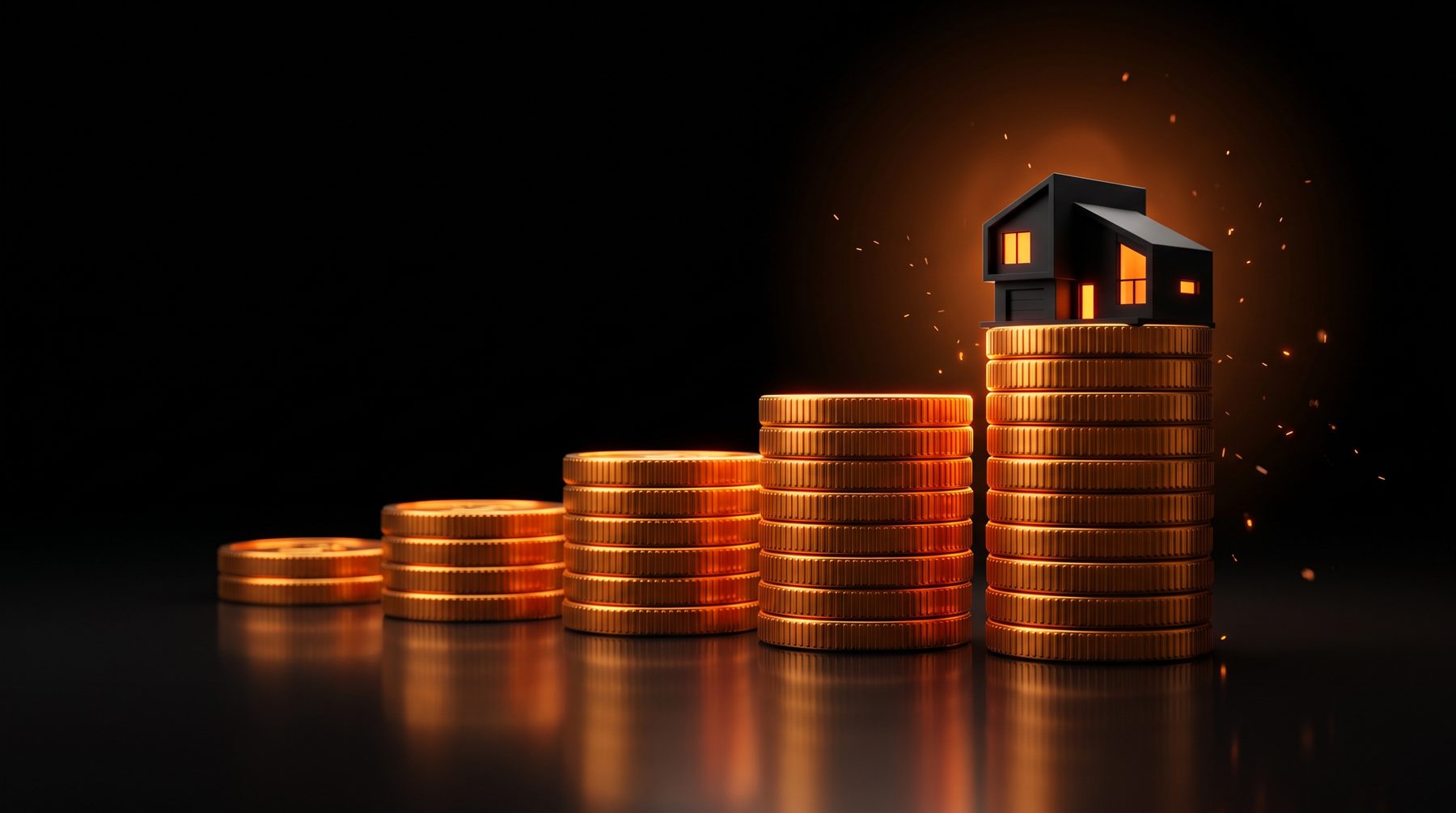 Pilhas de moedas crescendo até uma casa iluminada